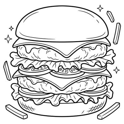 Get ready for a feast of colors with this amazing double patty burger coloring page! Kids will love bringing this juicy, stacked masterpiece to life with their favorite crayons and markers.