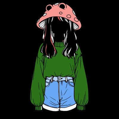 a realistic girl with a frog hat and baggy mushroom shirt