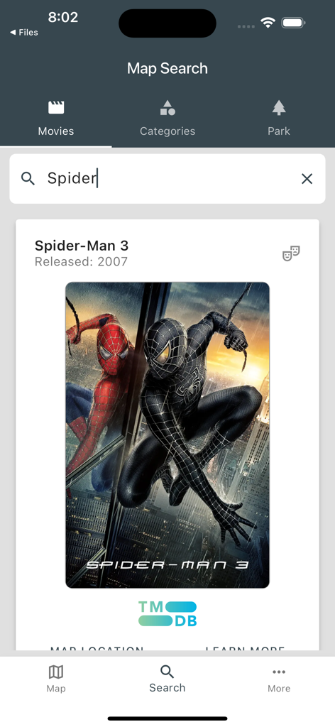 Central Park Movie Map - Mobile app search screen showing Spider-Man 3 movie details within the Central Park Movie Map