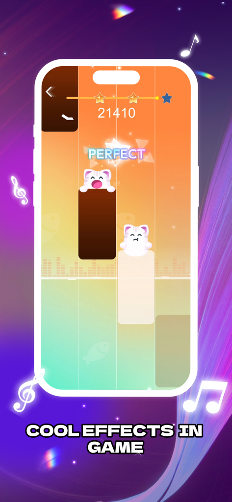 Rhythm Tiles : Piano Game - Jugabilidad de Rhythm Tiles Piano Game mostrando fichas de música coloridas con temática de gatos y efectos de golpe perfecto