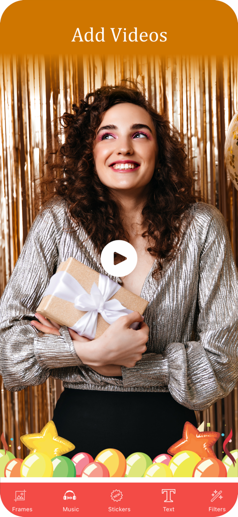 Happy Birthday Video Maker - Interfaz de la aplicación Happy Birthday Video Maker que muestra opciones para agregar videos y editar con música, marcos y pegatinas