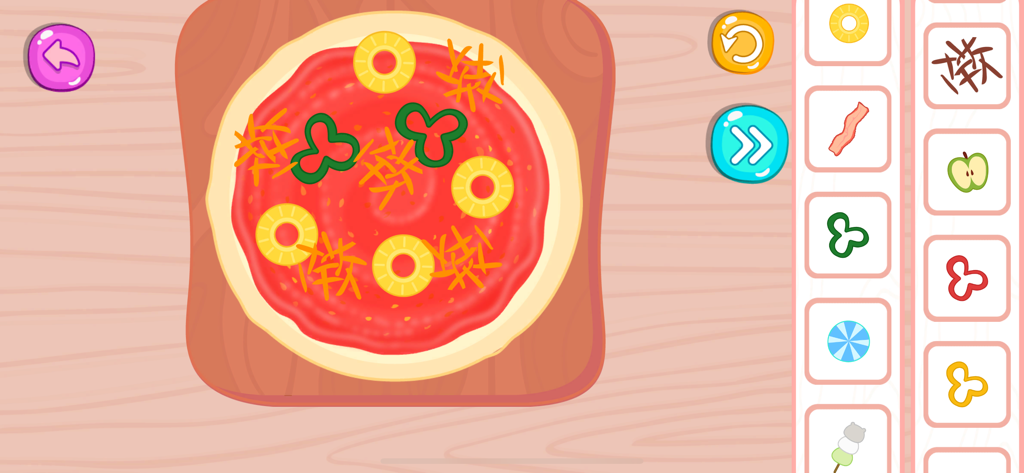 Pizza Maker Kids Cooking Games - A colorful digital pizza making interface for kids with various toppings like pineapple and peppers on a pizza crust