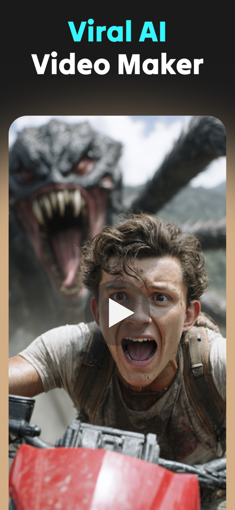 A cinematic action scene generated by AI showing a man on a motorcycle being chased by a giant monster