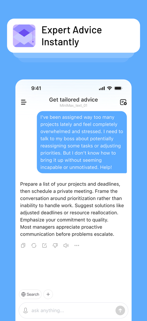 MiniMax AI Agent interface showing expert professional advice in a chat window