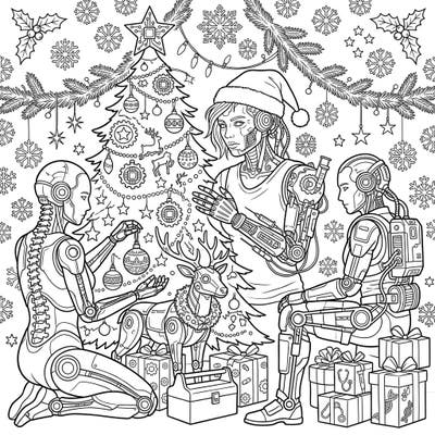 Experience a truly unique holiday season with this intricate Medical Cyborg Christmas coloring page. Discover a blend of futuristic technology and classic festive cheer, perfect for adult and teen colorists.