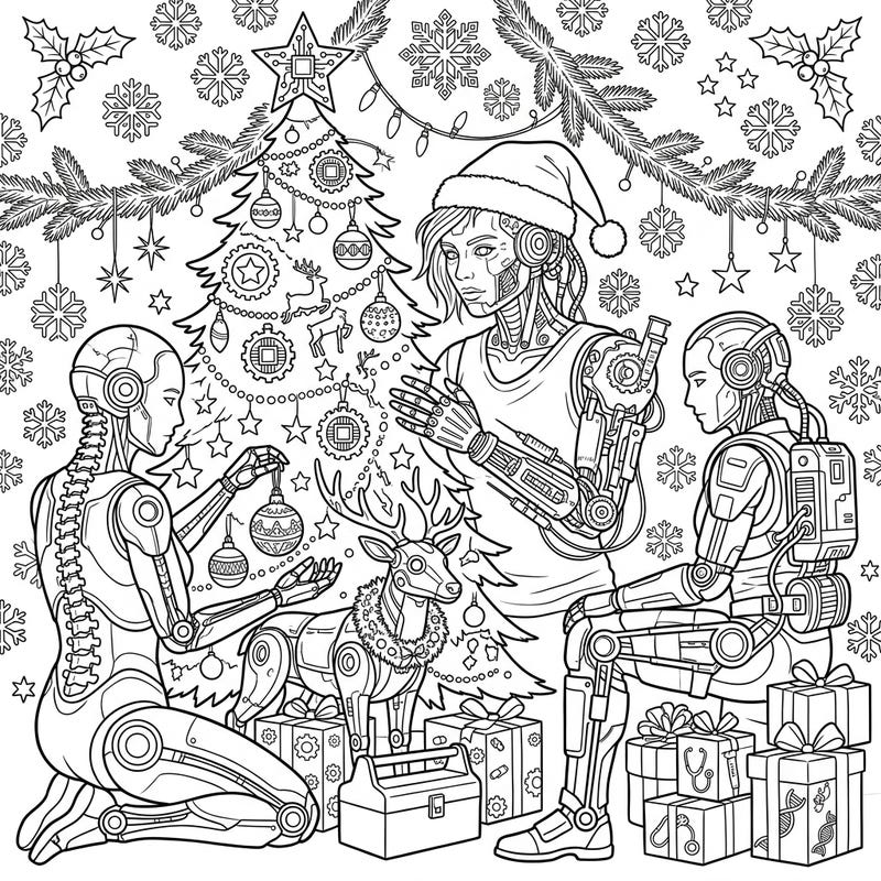 Experience a truly unique holiday season with this intricate Medical Cyborg Christmas coloring page. Discover a blend of futuristic technology and classic festive cheer, perfect for adult and teen colorists.