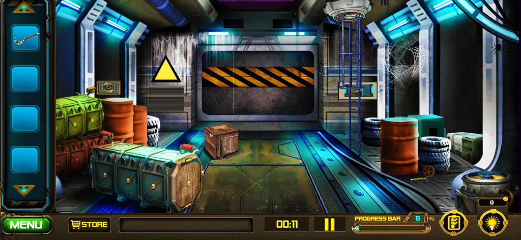 Escape Mystery - Alien Impact - A futuristic space station room featuring crates and puzzles in the Escape Mystery Alien Impact game.
