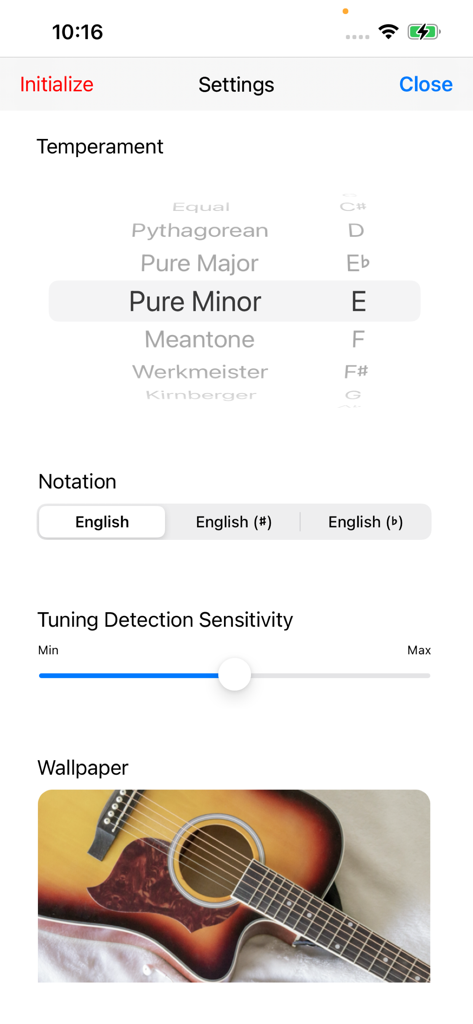 Touch Tuner - Tela de configurações do aplicativo Kawai Touch Tuner mostrando seleção de temperamento e controles de sensibilidade de afinação