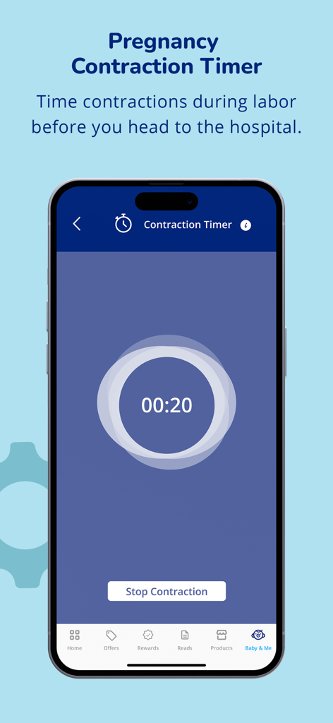 Enfamil: Baby Rewards Tracker® - Schermata del timer delle contrazioni della gravidanza dell'app Enfamil per monitorare le contrazioni del travaglio.