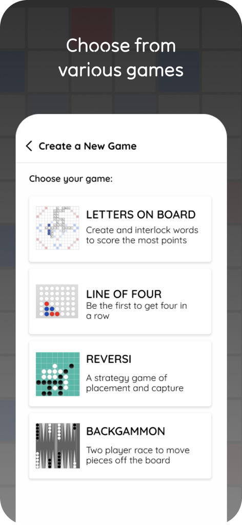 justplay (no ads) - Un menu pulito nell'app justplay che mostra una selezione di giochi classici come Lettere sulla Tavola, Forza 4, Dama e Backgammon