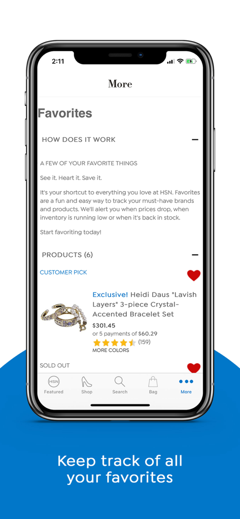 HSN app favorites screen showing a saved Heidi Daus bracelet set with price and FlexPay details