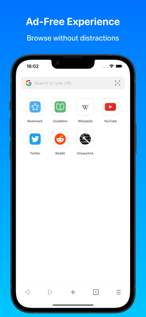Focus - Userscripts & Player - Focus browser home screen featuring an ad-free interface and website shortcuts