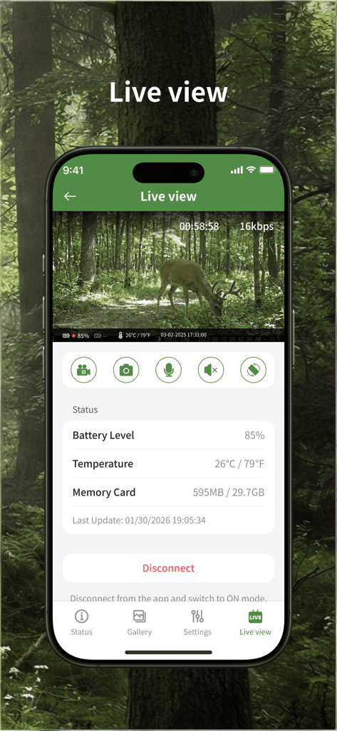Smartphone screen showing the TrailCam Go app live video feed of a deer in a forest with camera status data