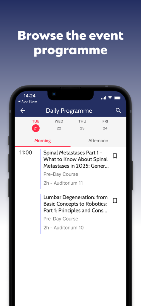 Una interfaz de aplicación móvil que muestra un programa diario de congresos médicos con sesiones programadas sobre salud de la columna vertebral