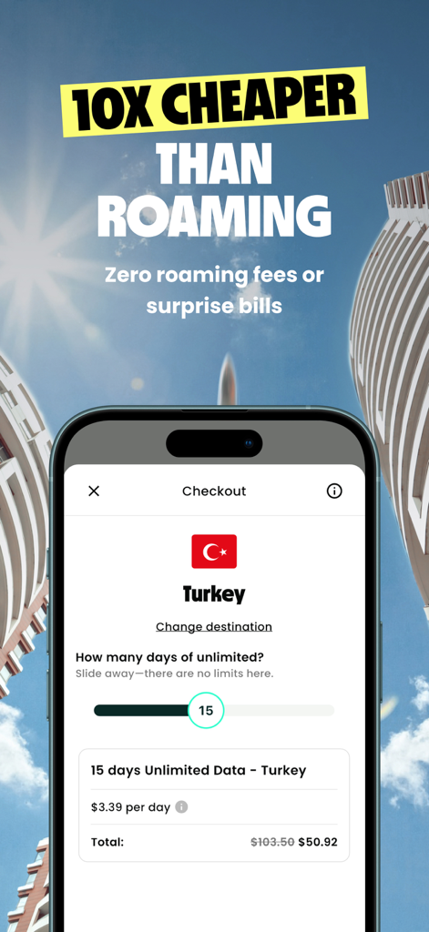 Truely・Travel eSIM & Data Plan - Checkout screen for a 15 day unlimited data eSIM plan for Turkey in the Truely travel app
