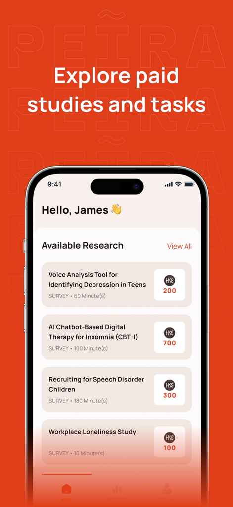 PEIRA - Participate & Get Paid - Smartphone screen displaying a list of available paid academic research studies on the PEIRA app with payout amounts.