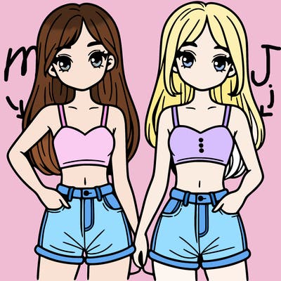 two sisters with crop tops and jean shorts and straight hair