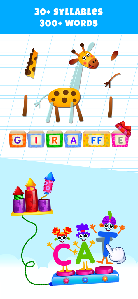 ABC Alphabet Games for Kids - Giochi di ortografia per la scuola materna che mostrano un puzzle di giraffa e personaggi animati che compongono la parola 'gatto'.