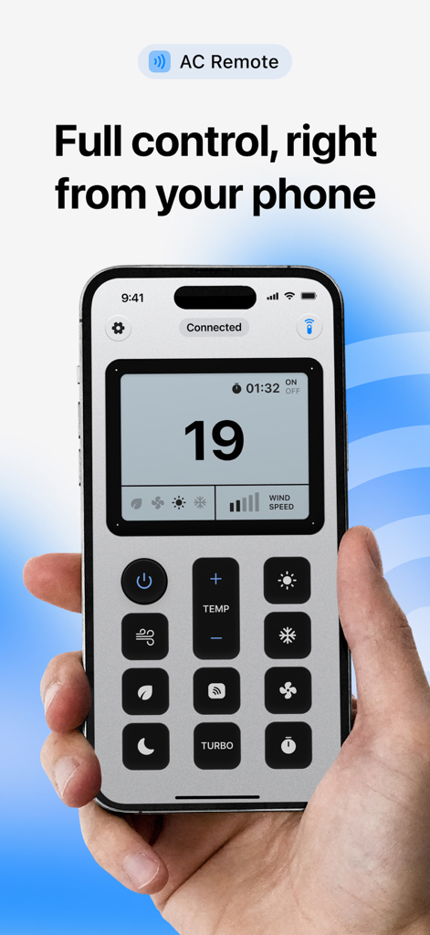 Uma mão segurando um iPhone exibindo a interface do aplicativo Controle Remoto Inteligente de Ar Condicionado com configurações de temperatura e modo.