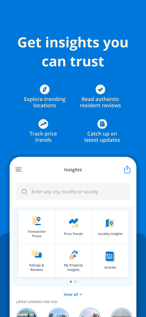 99acres - Property Search - 99acres app dashboard for property market trends and resident reviews