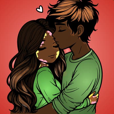 a realistic couple boy and girl hugging and kissing