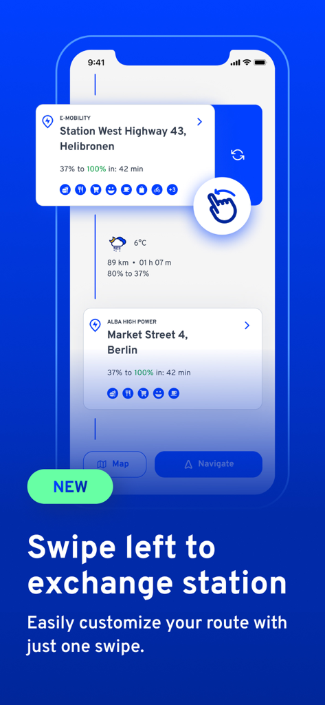 ElectricRoutes - ElectricRoutes app interface showing the swipe gesture to exchange a charging station on a navigation route