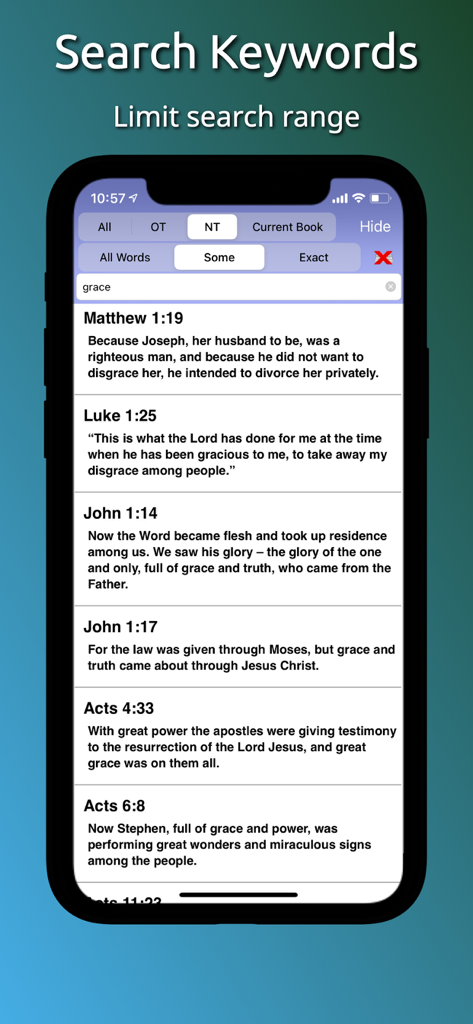 Touch Bible: Read, Study & Go - Pantalla de búsqueda de la aplicación Touch Bible que muestra versículos que contienen la palabra gracia.