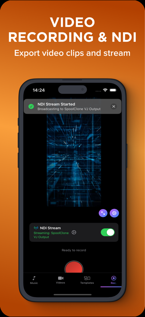 VJ Live Video FX & Beats Mixer - Interface of VJ Live Video FX app showing video recording and NDI streaming features with a digital grid visual