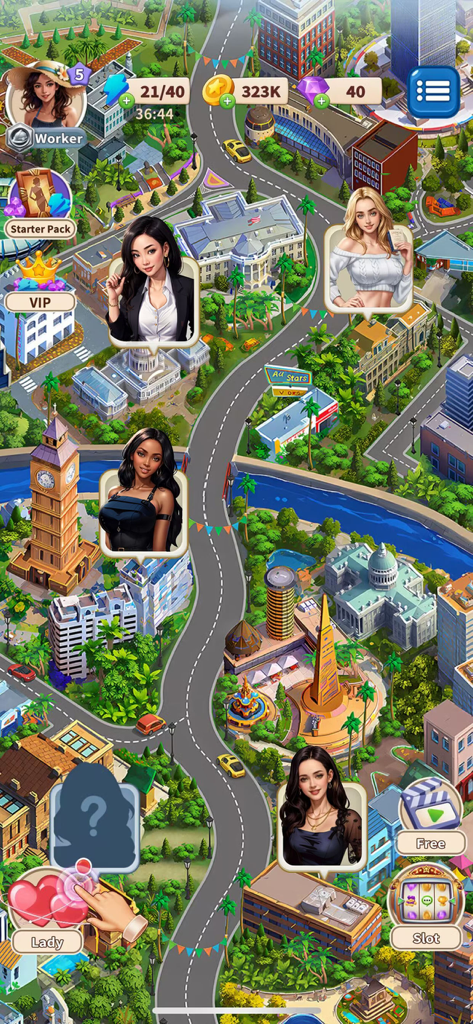 Lust Desire: Love Game - Interfaz de mapa de ciudad en el juego móvil Lust Desire mostrando varios personajes femeninos y recursos del jugador