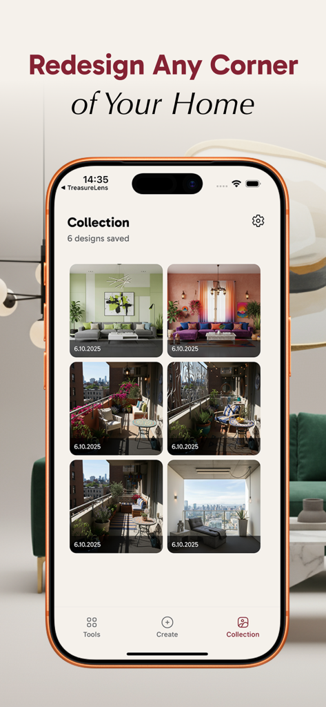 Spacio AI: AI Interior Design - Spacio AI app interface displaying a collection of saved room redesign concepts