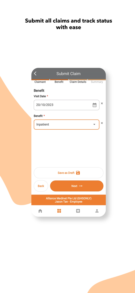 AllCare@Income - Bildschirm der Mobil-App zur Einreichung eines Versicherungsanspruchs in der AllCare Income-App