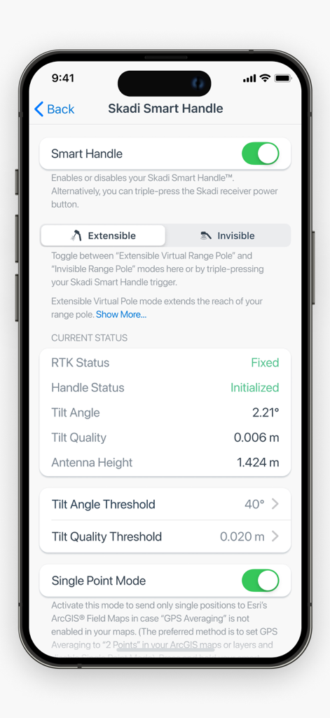 Eos Tools Pro - Eos Tools ProのSkadi Smart Handle設定画面。高精度GNSS測量のためのRTKステータス、チルト角度、アンテナ高が表示されています。