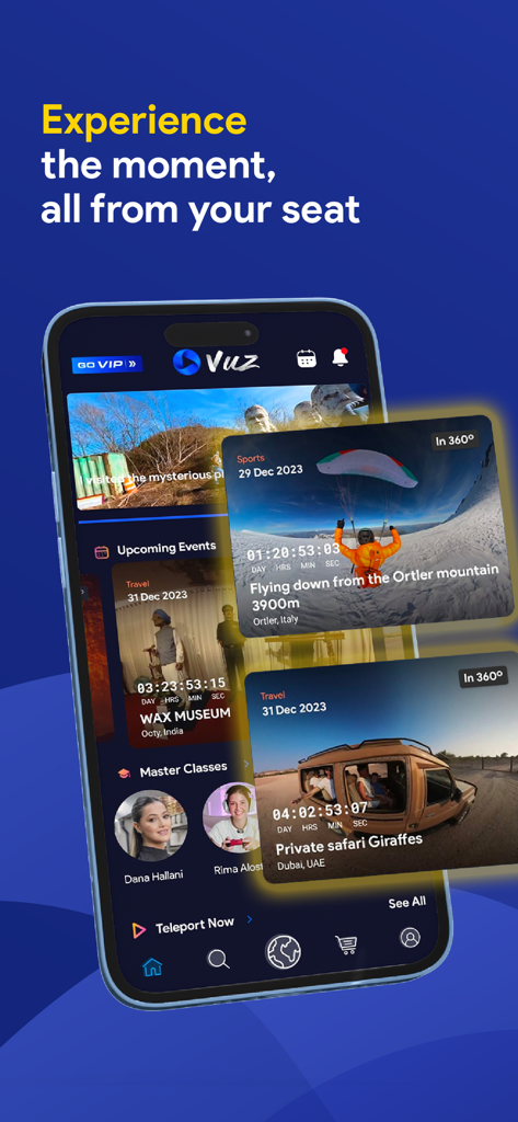 VUZ: Live 360 VR Videos - iPhone screen displaying the VUZ app with 360 degree video thumbnails for sports and travel experiences.