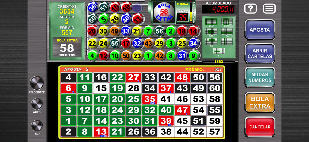 Megaball Video Bingo - 巨大な60ナンバーカードとカラフルなビンゴボールが表示されたメガボール ビデオビンゴのゲームプレイ画面。