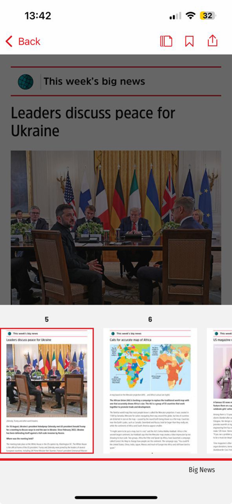 The Week Junior - The Week Junior app interface showing a news article about world leaders discussing peace for Ukraine with several digital magazine pages.