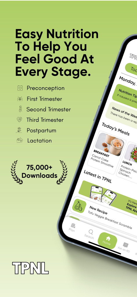 The Prenatal Nutrition Library - TPNL app interface showing prenatal and postpartum nutrition guidance for every stage from preconception to lactation
