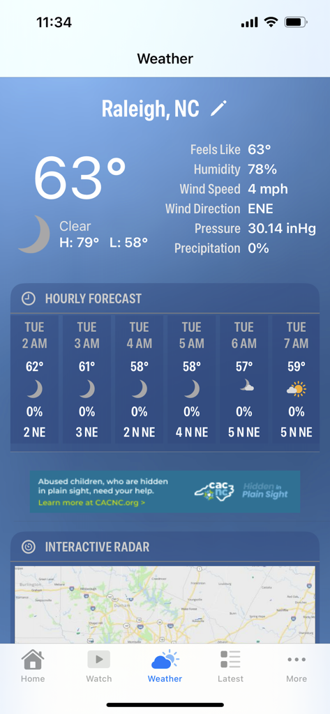 WRAL News Mobile - WRAL News app showing the weather forecast and interactive radar for Raleigh North Carolina