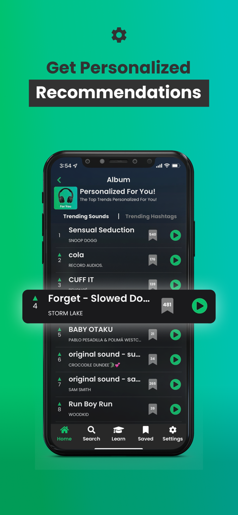 TrendTok Analytics & Tracker - Captura de pantalla de la aplicación TrendTok que muestra recomendaciones personalizadas de sonidos de TikTok de tendencia para creadores.