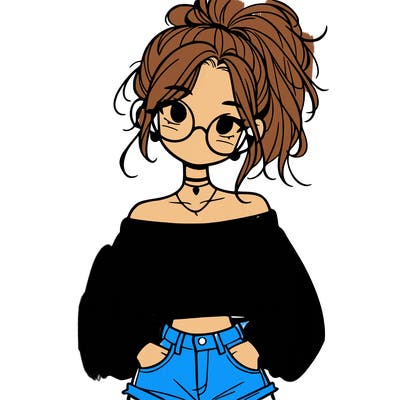 girl with a messy ponytail glasses a baggy crop top and jean shorts