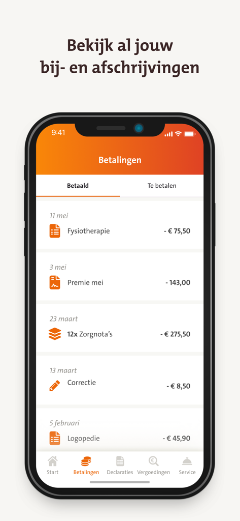 Pantalla móvil que muestra una lista de pagos de atención médica y primas de seguro mensuales en la aplicación CZ declareren