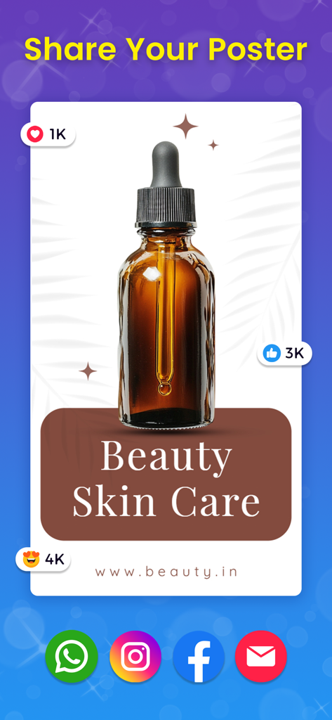 Flyer Maker AI Poster Maker - Interface de Pixeen Flyer Maker montrant une affiche de soins de beauté avec des options pour partager sur Instagram, Facebook et WhatsApp