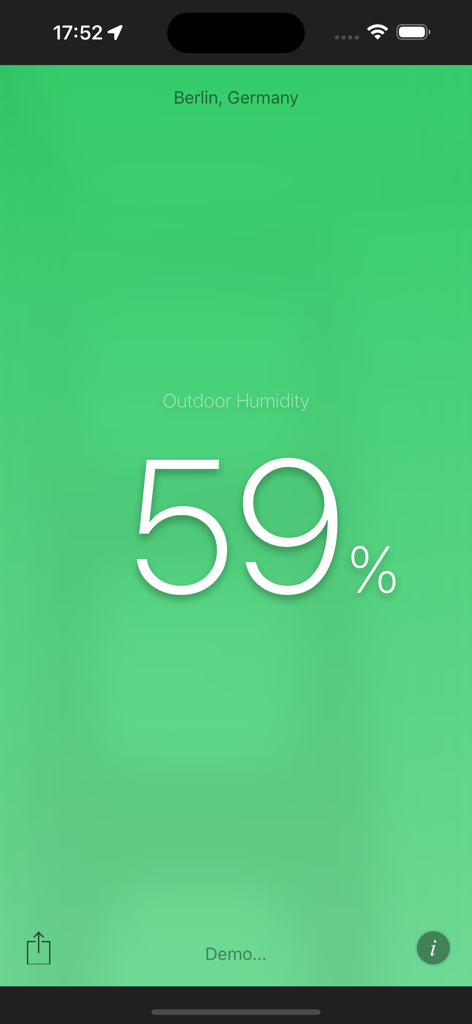 Mobile screen displaying fifty-nine percent outdoor humidity on a green background