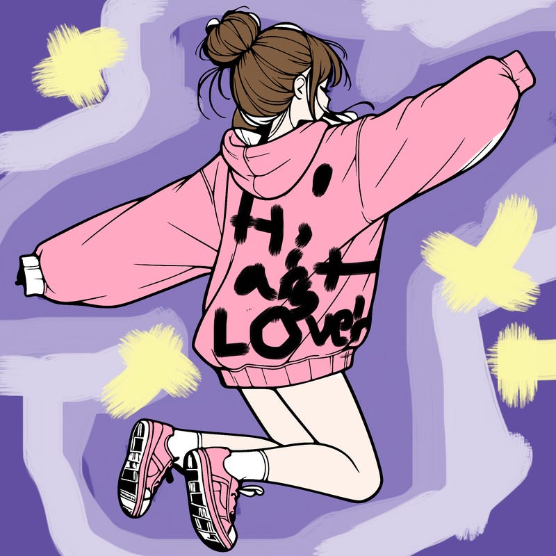 realistic girl jumping with a bun and oversized sweatshirt