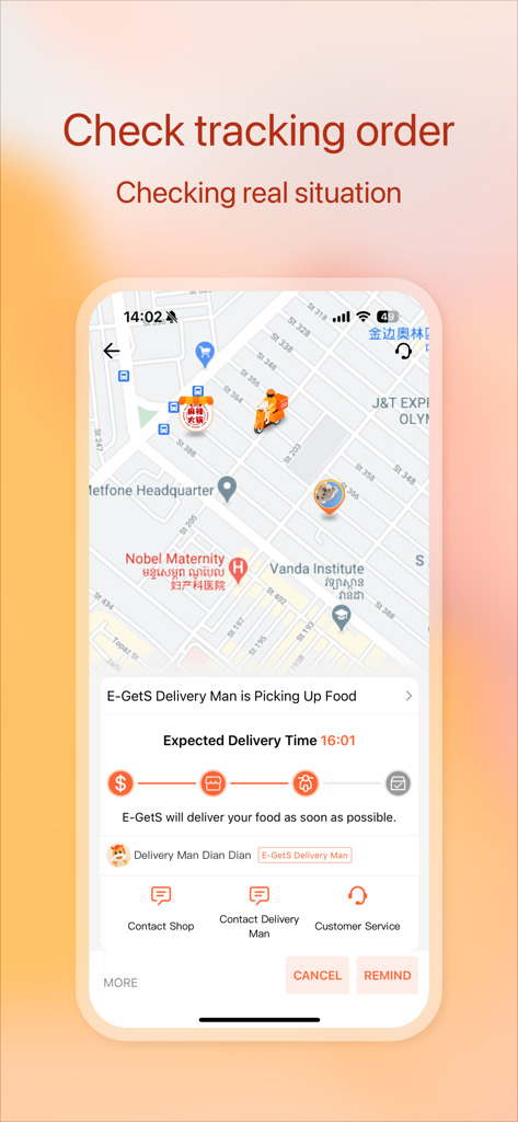 E-GetS : Food & Drink Delivery - Real-time order tracking map on the E-GetS food delivery app showing delivery person location and estimated arrival time.