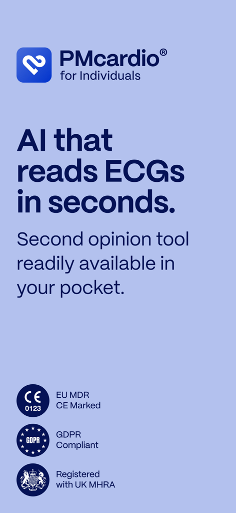 PMcardio for Individuals - PMcardio for Individuals app banner highlighting AI ECG reading technology and medical certifications