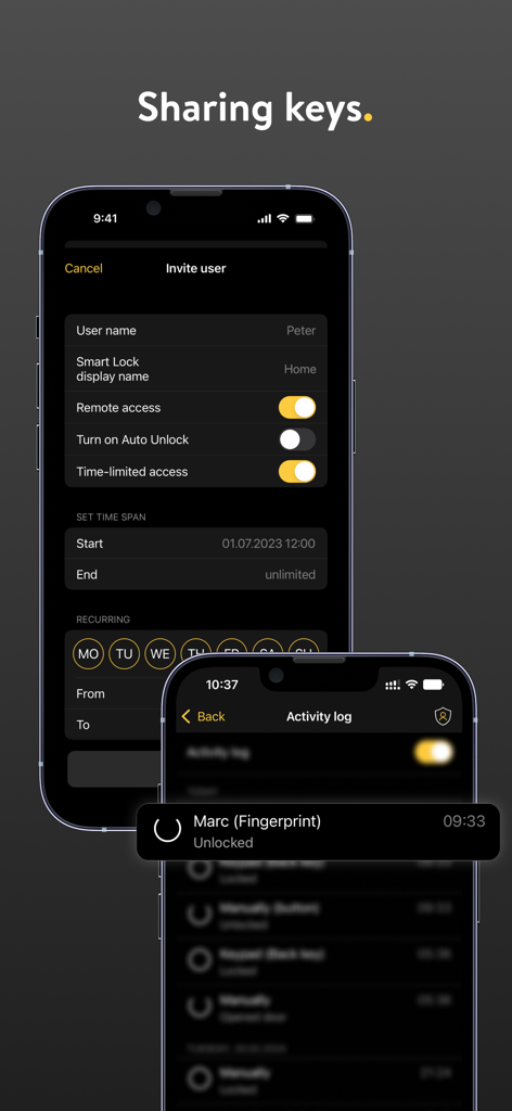 Nuki Smart Lock app interface showing the invite user screen with access settings and the activity log tracking door entries.