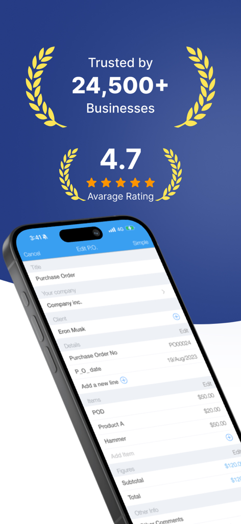 Purchase Order PRO - PO Maker - Purchase Order PRO app showing a 4.7 star rating and trusted by over 24500 businesses.