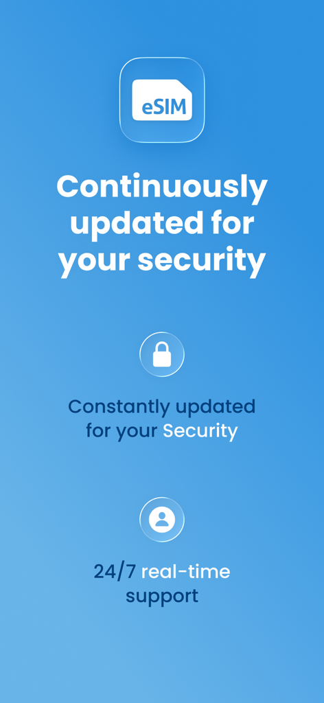 Screen from the eSIM Virtual Mobile Travel App highlighting security updates and 24/7 real-time support.