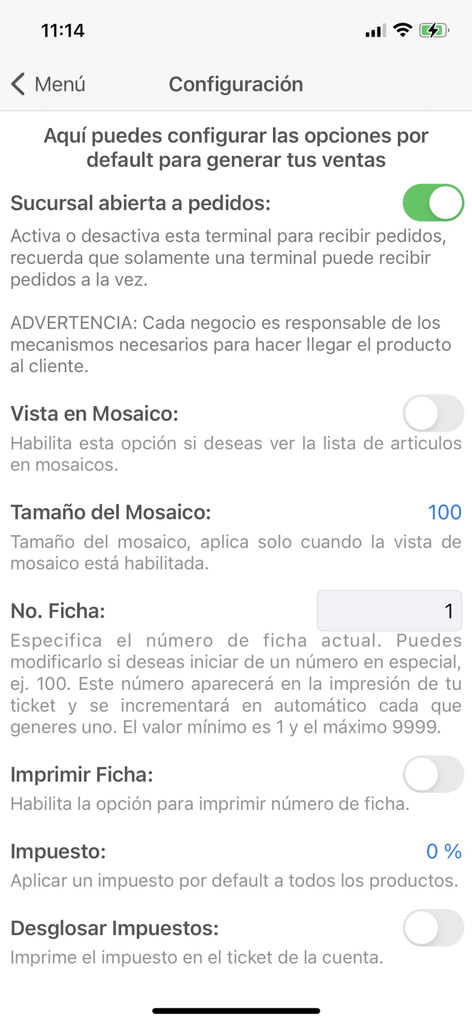 Tela de configurações de vendas e impostos no aplicativo móvel Vende YA!.