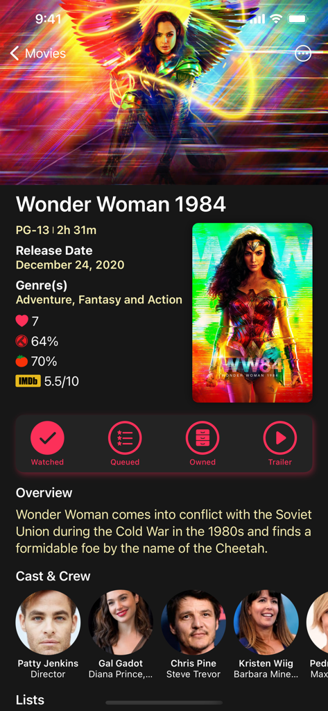 Movie detail view in Cinema Time app showing information for Wonder Woman 1984 with cast and ratings.